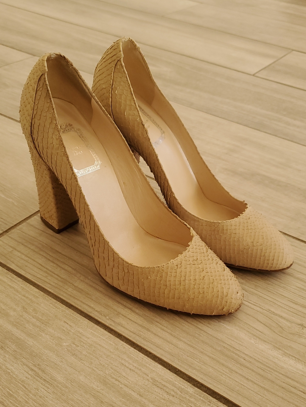 Christian Dior Women's Patterned Block Heel Pumps in Beige